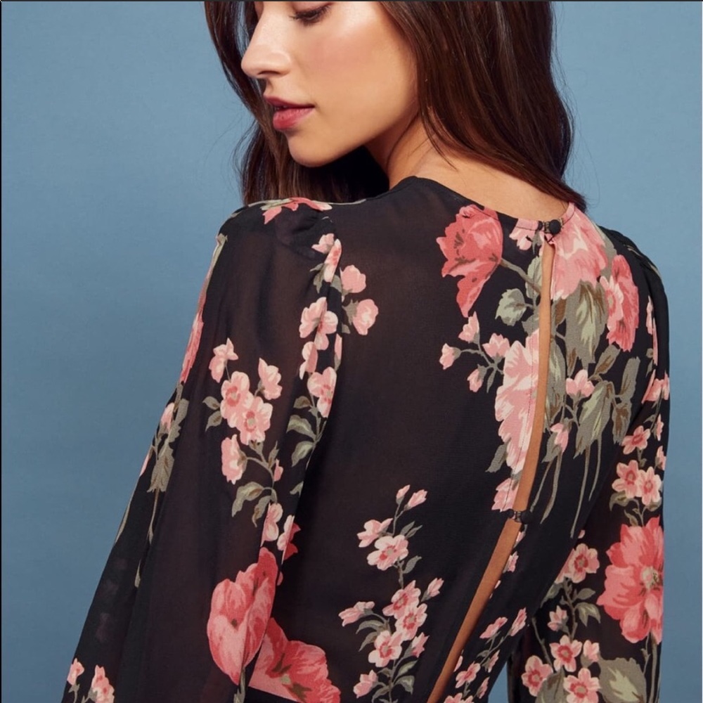 Reformation Black Floral Midi Dress with Pink & Green Blooms - Picture 3 of 7